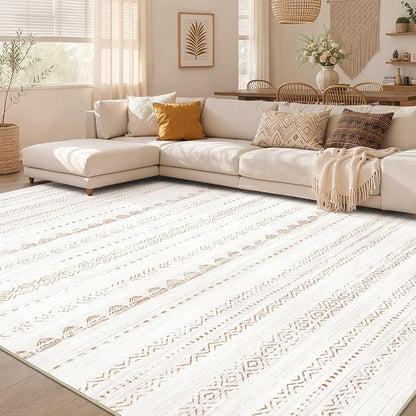 Nakagishi 8x12 Area Rugs Living Room: Washable Boho Large Neutral Soft Farmhouse Rug Stain Resistant Modern Moroccan Non-Slip Indoor Floor Carpet for Bedroom Nursery Kids Playroom Office- Brown