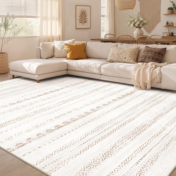 Nakagishi 5x8 Area Rug Living Room: Washable Boho Large Neutral Soft Farmhouse Rugs Stain Resistant Modern Indoor Floor Non-Slip Carpet for Bedroom Nursery Kids Playroom Office Dining Room Dorm- Brown