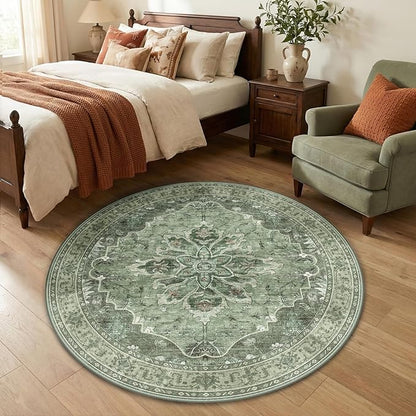 RELEANY Area Rugs Round 4ft Washable Non-Slip, Floral Vintage Distress Medallion Carpet for Living Room Bedroom Dining Room, Dark Green Gray