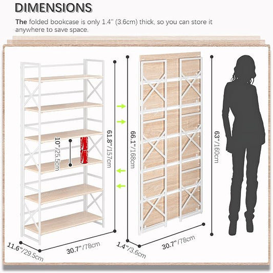 4NM Extra Wide 6 Tiers No Assembly Book Shelves, 61.8" H Folding Bookshelf Bookcase Open Industrial Foldable Shelves for Bedroom, Living Room, Home Office - Natural White