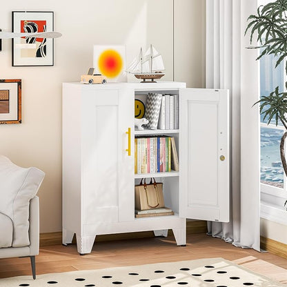 winiowa Tall Metal Storage Cabinet with Lock, Locking File Cabinet with 2 Doors and 2 Adjustable Shelves, White Lockable Organizer for Home Office Garage（23.6" W）