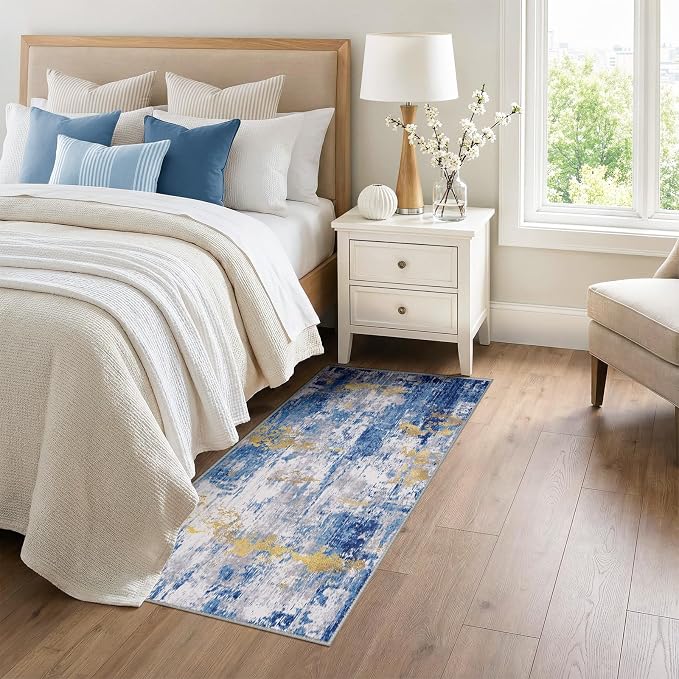 RELEANY Washable Area Rugs 3x6 Non-Slip Modern Abstract Soft for Living Room Entryway Bedroom Kitchen, Print Pattern, Grey Blue Gold/Golden