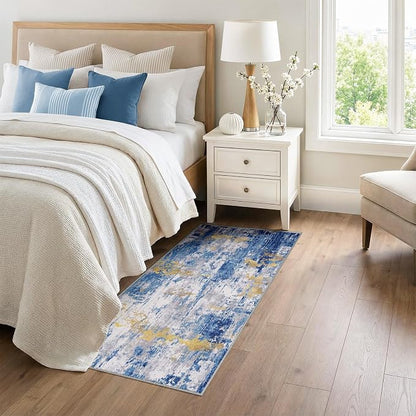 RELEANY Washable Area Rugs 3x6 Non-Slip Modern Abstract Soft for Living Room Entryway Bedroom Kitchen, Print Pattern, Grey Blue Gold/Golden