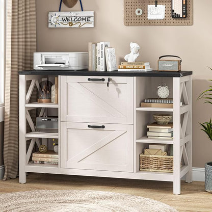 Halitaa 44" Lateral File Cabinet with Adjustable Shelves, Farmhouse 2 Drawer Filing Cabinet with Lock for Legal/A4/Letter, Wooden Printer Stand Office Furniture for Home Office, White and Black