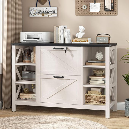 Halitaa 44" Lateral File Cabinet with Adjustable Shelves, Farmhouse 2 Drawer Filing Cabinet with Lock for Legal/A4/Letter, Wooden Printer Stand Office Furniture for Home Office, White and Black