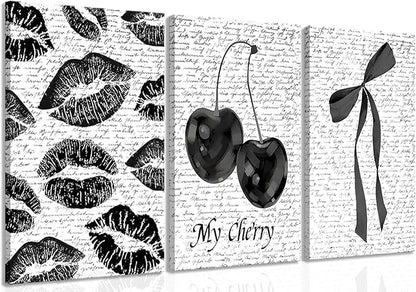 Black And White Canvas Wall Art Set of 3, Fashion Black White Lips And Cherry Posters Wall Decor, Trendy Aesthetic Bow Pictures Prints Paintings for Girls Bedroom Dorm Bathroom12x16in Framed