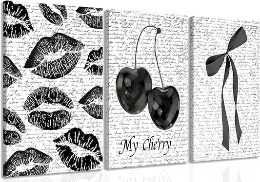 Black And White Canvas Wall Art Set of 3, Fashion Black White Lips And Cherry Posters Wall Decor, Trendy Aesthetic Bow Pictures Prints Paintings for Girls Bedroom Dorm Bathroom12x16in Framed