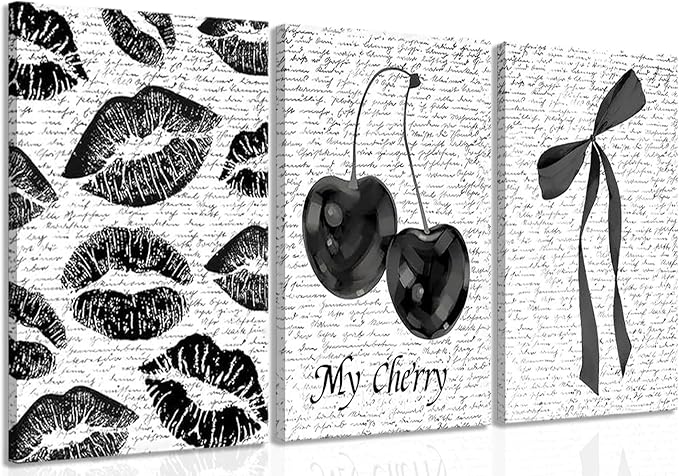 Black And White Canvas Wall Art Set of 3, Fashion Black White Lips And Cherry Posters Wall Decor, Trendy Aesthetic Bow Pictures Prints Paintings for Girls Bedroom Dorm Bathroom16x24in Framed