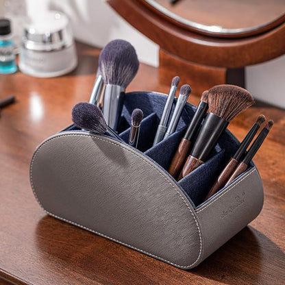 BONNY DODO Remote Control Holders Organizer Box with 5 Compartment PU Leather Multi-functional Office Desk Storage Caddy Store Tv Remote for Media Player,Brush,Pencil,Glassees&Office Supplies (Gray)