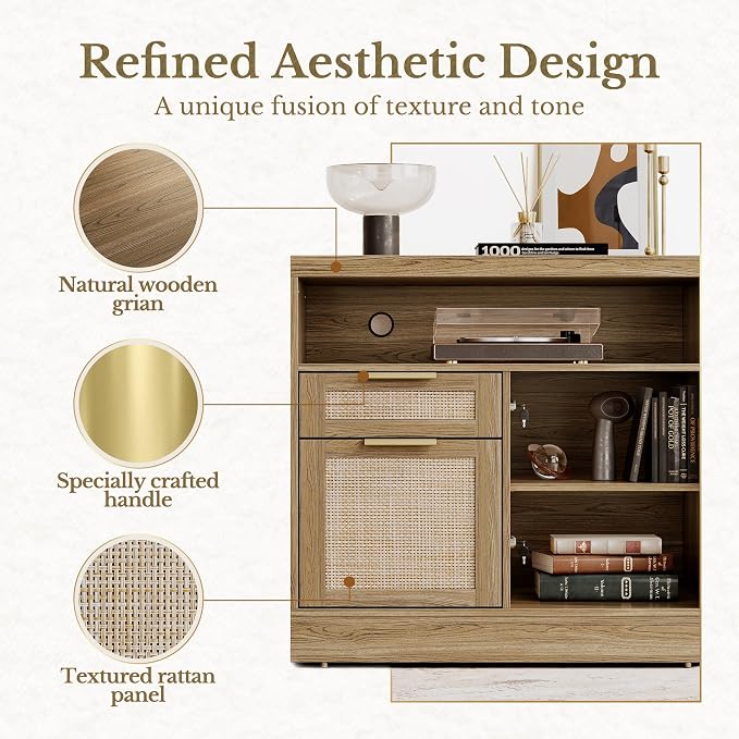 2 Drawer Rattan File Cabinet, 32'' Lateral File Cabinet with Lock and AC/USB for Letter/A4 Size, Wood Filing Cabinet with Storage Shelves for Home Office, Natural Oak