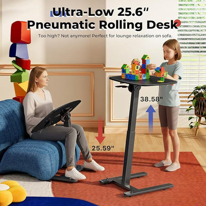 JOY worker Low Height Small Mobile Standing Desk for Couch, Height Adjustable TV Tray Table with 90° Foldable MDF Desktop, Portable Laptop Desk with Low Base & Lockable Hidden Casters, Black
