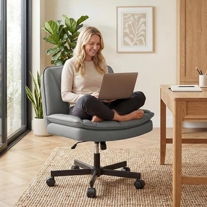 DurayLoly Criss Cross Chair with Wheels, Cross Legged Office Chair with 2 Layer Comfty Leather & Back, Armless Wide Vanity Chair for Home Office, Grey