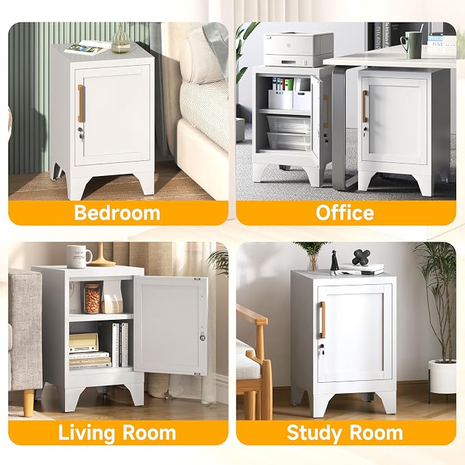 23.6" H White Metal Locker Nightstand with 1 Lockable Door and 1 Adjustable Shelf, Small Storage Cabinet with Detachable Legs and Vintage Handle for Home Office,Living Room or Bedroom,Easy Assembly