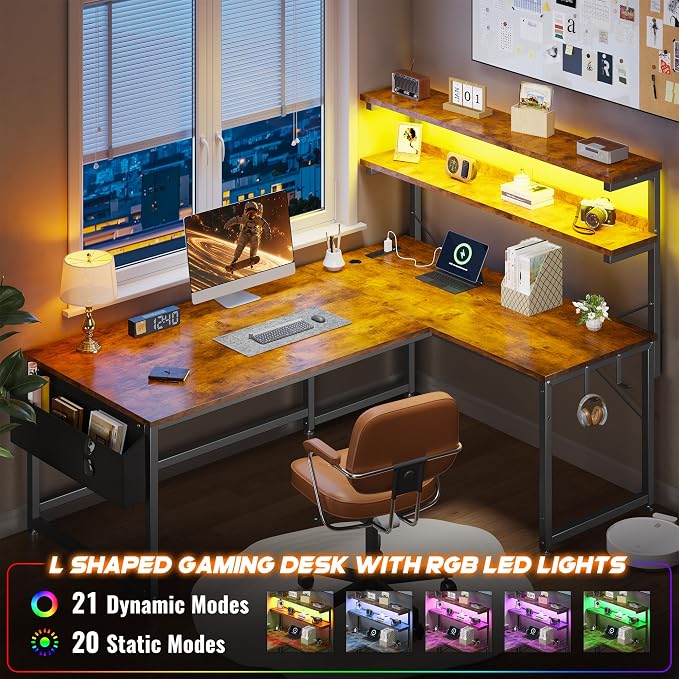 DurayLoly L Shaped Gaming Desk with LED Light & Power Outlet, 43.3 Inch Reversible Computer Desk with Shelf & Storage Bag & Hook for Home Office, Rustic Brown