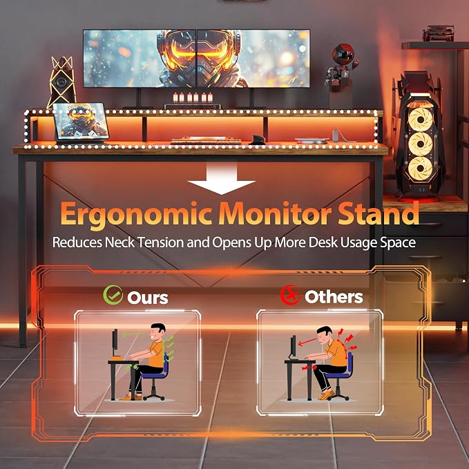 Mericonia 68 inch Gaming Desk with LED Lights & Power Outlets, Reversible Computer Desk with Storage Drawers & Monitor Stand, Large Gaming Table for Home Office