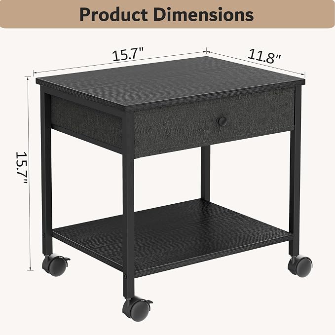 Homleke 2-Tier Under Desk Printer Stand with Drawer, Mobile Printer Table with Lockable Wheels, Heavy Duty Metal Frame & Wood Shelf, Fits Printers/Scanners/Fax Machines – Black, 15.7" Lx11.8 Wx15.7 H
