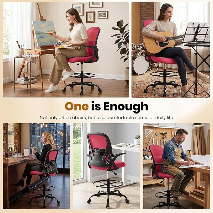 Primy Drafting Chair Tall Office Chair with Flip-up Armrests Executive Ergonomic Computer Standing Desk Chair with Lumbar Support and Adjustable Footrest Ring (Fire Brick)