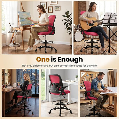 Primy Drafting Chair Tall Office Chair with Flip-up Armrests Executive Ergonomic Computer Standing Desk Chair with Lumbar Support and Adjustable Footrest Ring (Fire Brick)