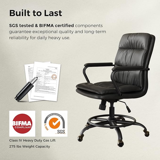 EUREKA ERGONOMIC Mid-Century Vintage Office Chair, Faux Leather Executive Desk Chair with Unique Ball Casters and Fixed Footrest Ring, Brown Retro Swivel Chair for Home Office and Study, Gray