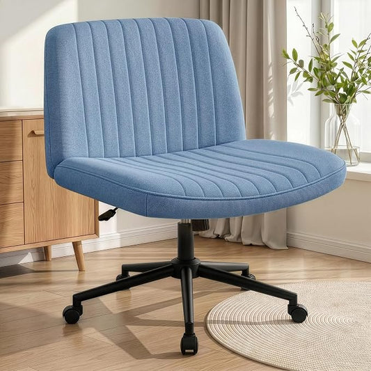 NEO CHAIR Criss Cross Chair with Wheels Armless Cross Legged Office Desk Wide Comfy Vanity Makeup Chair Adjustable Swivel Rolling Computer for Home Office Fabric (Blue)