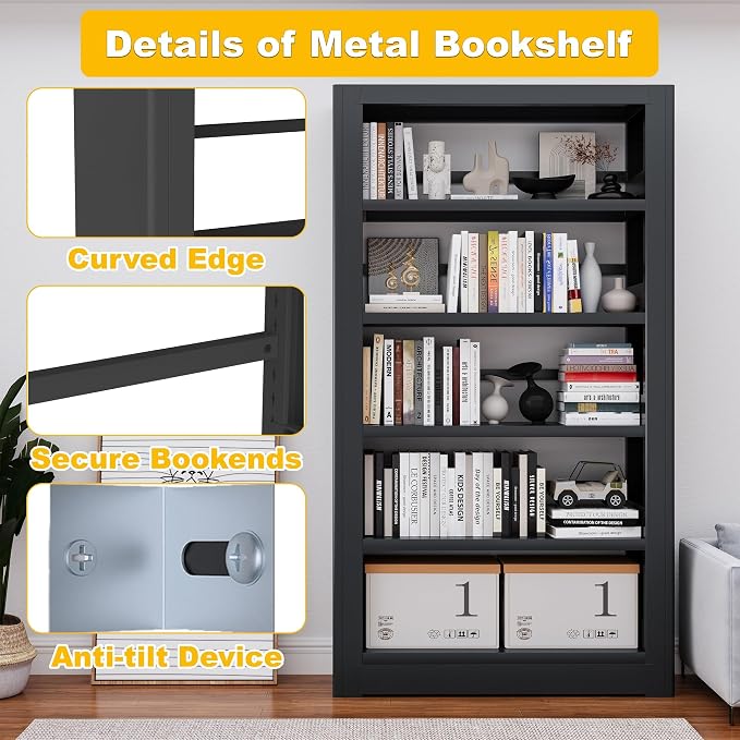 Heavy Duty 5-Shelf Metal Bookshelf, 69" Tall Industrial Bookcase with Adjustable Shelves, Black Large Capacity Storage Rack for Garage, Warehouse, Home Office & Library