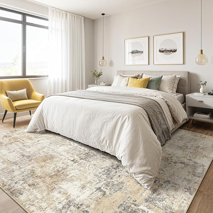 LOONGRUG 5x8 Area Rug Living Room: Machine Washable Large Abstract Soft Thin Rugs Stain Resistant Indoor Floor Non-Slip Accent Carpet for Bedroom Nursery Playroom Office Dining Room Dorm- Gray Gold