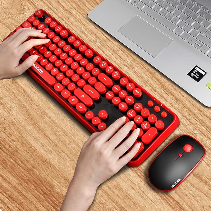 Wireless Keyboard Mouse Combo, 2.4GHz Wireless Typewriter Keyboard with 104 Cute Retro Round Keys, Letton Full Size Keyboard and Mouse with 3 DPI for Computer Mac PC Laptop-Black/Red