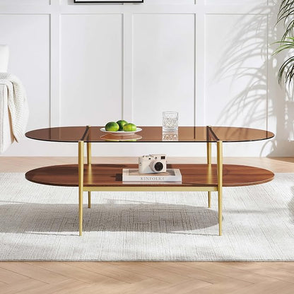 LumFurn X-Large Oval Glass Coffee Table, Mid-Century Modern Design, L47 x W24 x H17 inch, for Living Room, Amber Glass Top and Walnut Finish Wood Shelf, Conical Legs with Gold Finish Frame