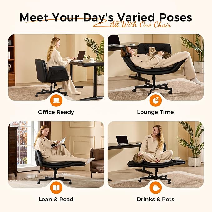 amseatec Criss Cross Chair with Natural Sisal Cat Scratch Pad, 5-Gear Adjustable Armrests, 360° Silent Casters,pet-Friendly Office, Gaming, Leisure, and Make up Vantiy Desk Chair(Black)