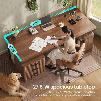 SEDETA Modern Fluted Electric Standing Desk, 63" Height Adjustable Computer Desk with 3 Drawers, Storage Shelves, Power Outlets, Wood Home Office Stand up Desk for Work, Study, Writing, Brown