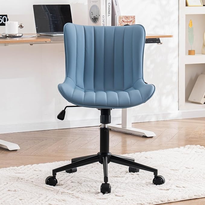 YOUNIKE Blue Office Desk Chair with Wheels Comfy Armless Vanity Chair with Back Modern Small Faux Leather Upholstered Rolling Task Chair Cute Computer Drafting Sewing Chair Swivel Adjustable Compact