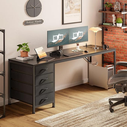 PRAISUN 63 Inch Computer Office Desk with Power Outelts and USB-C Port, Reversible Gaming Desk with 4 Fabric Drawers, Work Study Desk Work from Home, Black