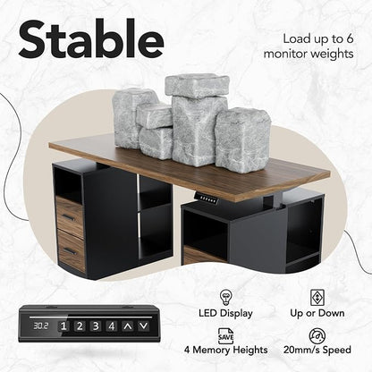 HUANUO 55" Standing Desk with Drawers, Executive Electric Height Adjustable Stand Up Desk with Storage, Black Walnut