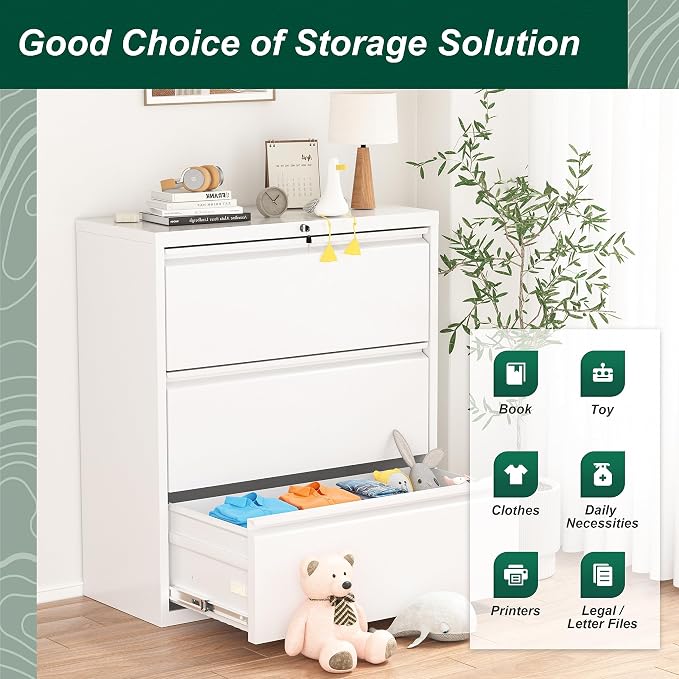 Superday Lateral File Cabinet 3 Drawer, White Filing Cabinets with Lock, Locking Metal File Cabinets Three Drawer Filing Cabinet for Home Office/Legal/Letter/A4/F4 Home Office