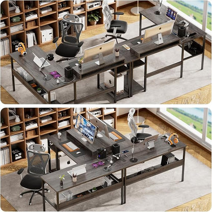 Unikito Reversible L Shaped Desk with Power Outlets and RGB LED Light, Sturdy Computer Desk with Ergonomic Monitor Stand and Storage Shelves, Corner Desk for Home Office, Easy Assembly, Black Oak