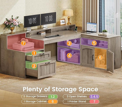 SEDETA Farmhouse L Shaped Desk with Drawers, 59" Office Desk with File Drawers, Wood Corner Computer Desk with Storage, Home Office Desks with Storage Cabinet and Monitor Stand, Grey