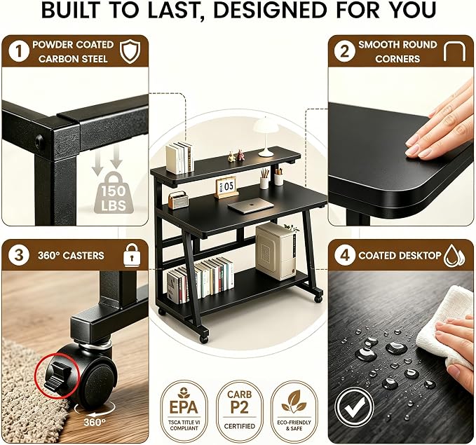 31.5 Inch Compact Rolling Computer Desk with Tier Worktable & Lockable Wheels, Small Computer Desk, Small Desk for Bedroom, Mobile Writing Workstation Easy Assembly for Home Office Small Spaces