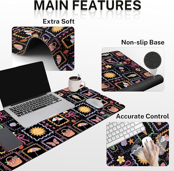 Britimes Cute Sun Bow Keyboard Mouse Pad Set Black Colorful Doodle 4in1 Large Mousepad+Keyboard Wrist Rest+Mouse Wrist Rest+Coaster Ergonomic Design for Home Office Computer 35.4x15.7 inches