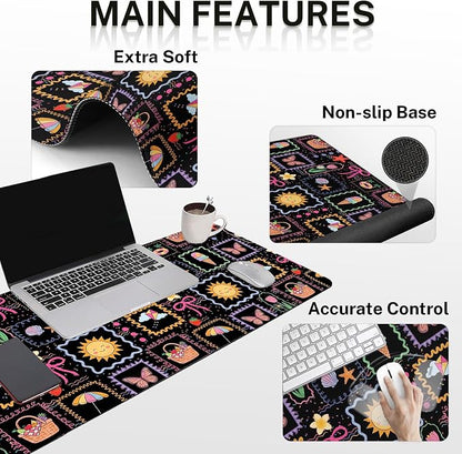 Britimes Cute Sun Bow Keyboard Mouse Pad Set Black Colorful Doodle 4in1 Large Mousepad+Keyboard Wrist Rest+Mouse Wrist Rest+Coaster Ergonomic Design for Home Office Computer 35.4x15.7 inches