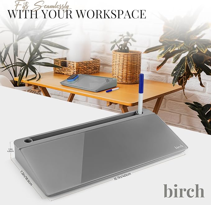 Birch Small Desktop Whiteboard – Glass Dry Erase Board Desk Pad Keyboard Stand with Storage Compartment, Adjustable Dividers, 3 Markers, Eraser & Holder – Perfect for Office, Home, & School (Charcoal)