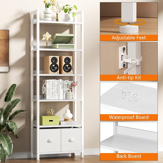 Furologee 6-Tier Bookshelf Set of 2,Tall Bookcase with 2 Drawers and Shelves, Industrial Display Free Standing Shelf Units, Storage Rack Organizer for Bedroom, Living Room, Home Office, White
