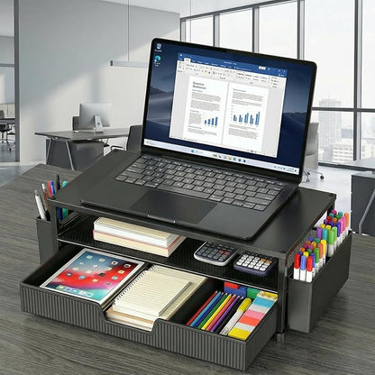 ECOLOVI Desk Organizer and Accessories, 2-Tier Computer Monitor Stand Rise with Storage Drawer & 2 Pen Holders, Laptop & Printer Stand for Desktop, Workspace Organizers for Office Supplies (Black)
