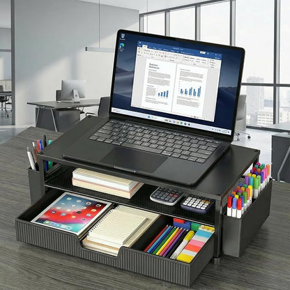 ECOLOVI Desk Organizer and Accessories, 2-Tier Computer Monitor Stand Rise with Storage Drawer & 2 Pen Holders, Laptop & Printer Stand for Desktop, Workspace Organizers for Office Supplies (Black 2-Pack))