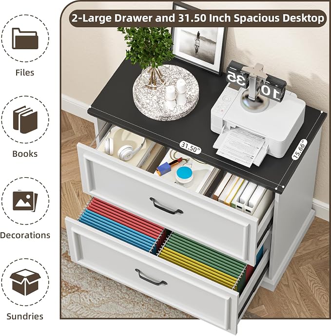 Halitaa 2 Drawer File Cabinet, Farmhouse Lateral Filing Cabinet for Letter/A4/Legal Size Hanging Files, Large Wood File Storage Cabinets Printer Stand for Home Office, White and Black