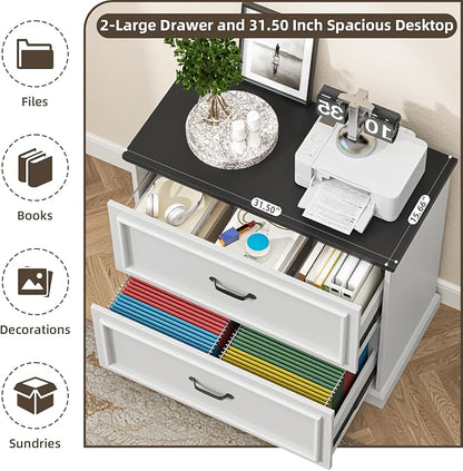 Halitaa 2 Drawer File Cabinet, Farmhouse Lateral Filing Cabinet for Letter/A4/Legal Size Hanging Files, Large Wood File Storage Cabinets Printer Stand for Home Office, White and Black