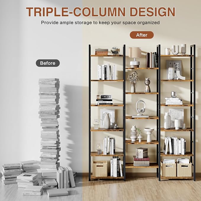 Shintenchi Triple Column 6 Tier Bookshelf, Industrial Large Bookcase Display Shelves, Large Etagere Bookshelf,Wide Book Shelf Book Case for Home & Office, Rustic Brown
