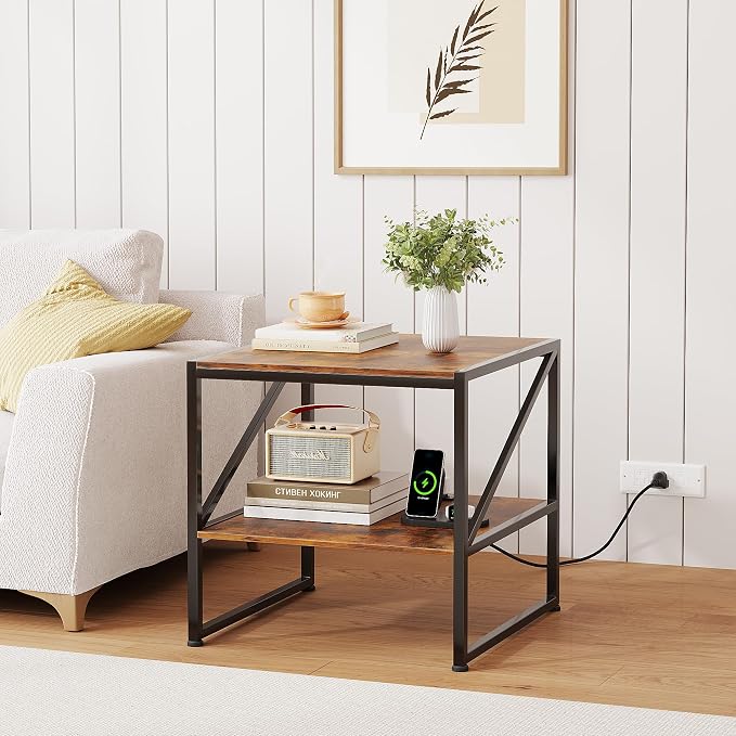2-Tier Large Priner Stand with Charging Station, 20"×20" Under Desk Printer Table with Power Outlets and USB Ports for Office, Mini Fridge Stand, Storage Shelf for Scanner Fax Machine, Rustic Brown