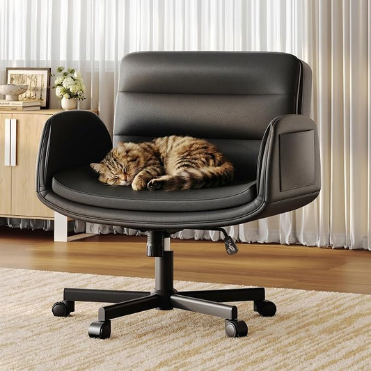 Criss Cross Chair with Flip-Up Arms & Swivel Wheels, Vanity Chair with Adjustable Height & Side Pockets, Comfortable Wide Seat Reclining Computer Office Desk Chairs for Home Office, Make Up, Bed Room