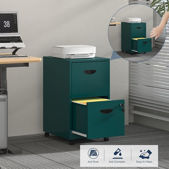 UNICOLY 2 Drawer File Cabinet with Lock, Filing Cabinets with Wheels, Rolling File Cabinets for Home Office, Metal Office File Cabinet, Mobile Filing Cabinet for Holding Letters and File Boxes, Green