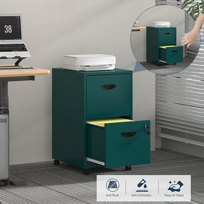 UNICOLY 2 Drawer File Cabinet with Lock, Filing Cabinets with Wheels, Rolling File Cabinets for Home Office, Metal Office File Cabinet, Mobile Filing Cabinet for Holding Letters and File Boxes, Green